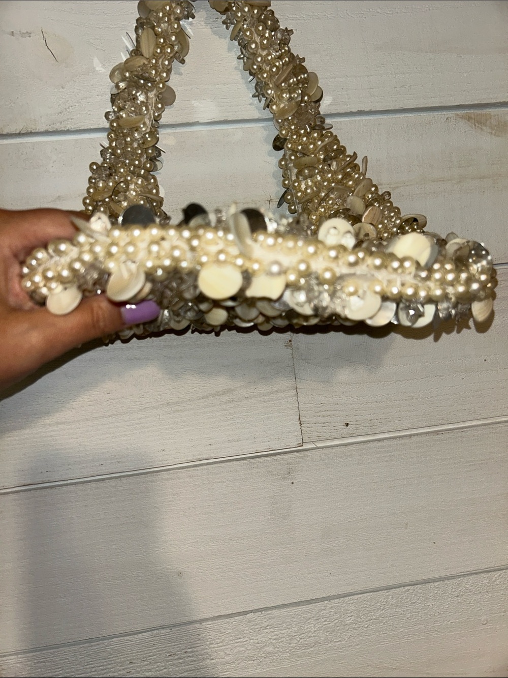 Viral India Beaded Pearl and Shell Accent Cream Shoulder Bag - Picture 2 of 5